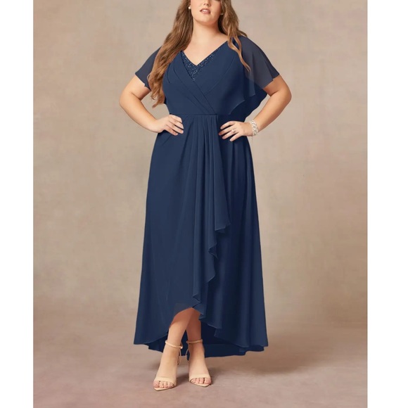 AZAZIE ELIZA
Dark Navy A-Line V-Neck Pleated Chiffon Dress - Picture 1 of 12
